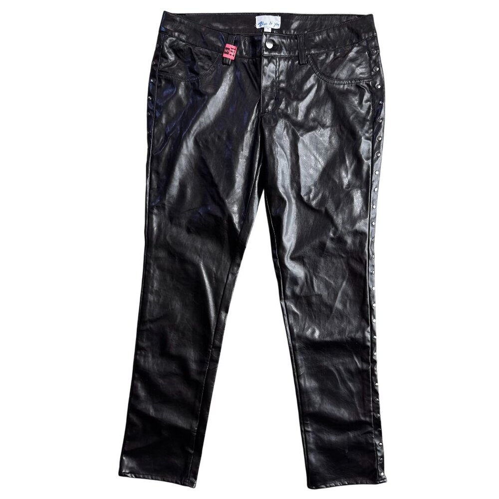 Vtg Blue bi You Faux Leather Studded Pants‎ Womens 11 90s Y2K Moto Rave Goth
